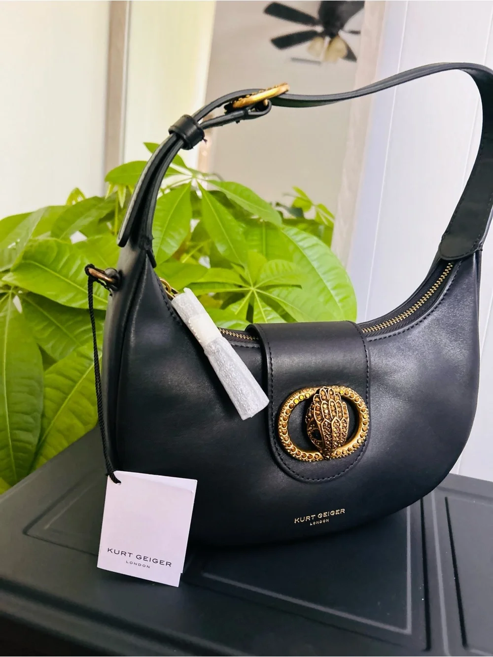 Kurt Geiger Leather Shoulder Purse with Gold Emblem. London, England